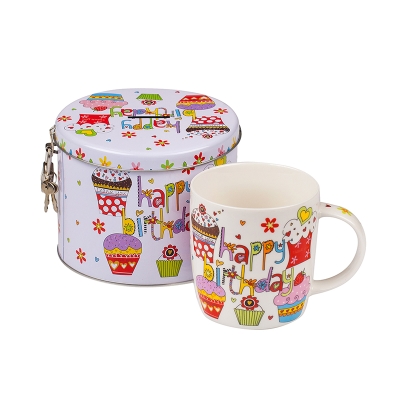 Чаша в метална кутия касичка с катинар Мъфини - MUG класик - Happy Birthday