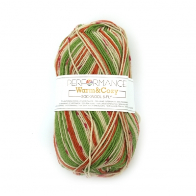 Прежда WARM COZY 75 % вълна суперуош 25 % полиамид цвят оранжев, бял, зелен 100 грама -260 метра