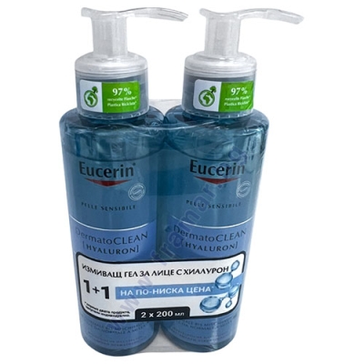 ЕУЦЕРИН DERMATOCLEAN ПОЧИСТВАЩ ИЗМИВЕН ГЕЛ ЗА ЛИЦЕ С ХИАЛУРОН 200 мл * 2