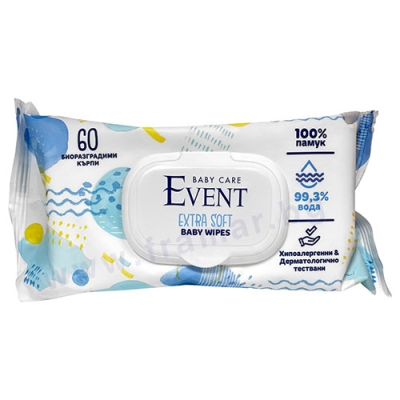 МОКРИ КЪРПИ ЕВЕНТ БЕБЕ ЕКСТРА СОФТ ВОДА 99.3% * 60 КАПАК