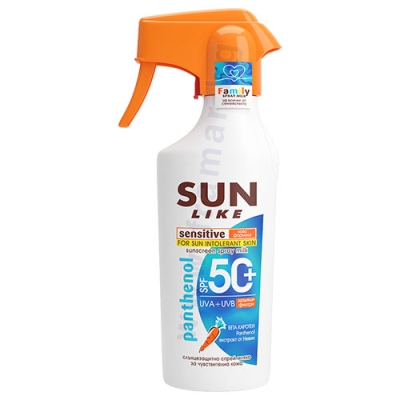 СЪН ЛАЙК ФЕМИЛИ СЛЪНЦЕЗАЩИТНО СПРЕЙ МЛЯКО СЕНСИТИВ С ПАНТЕНОЛ SPF50+ 250 мл