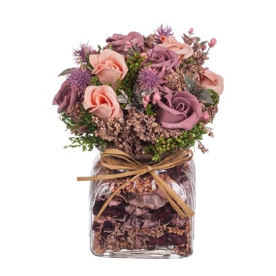 Рози микс в стъклена ваза - розови - 21 см