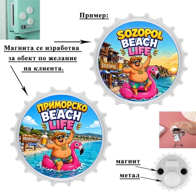 Морски магнит "Капачка - Отварачка" със забавен дизайн "Мъж с фламинго на парти"