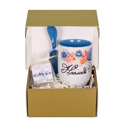 Подаръчен комплект &quot;Наслади се...&quot; с чаша, лъжичка и чаена свещ с изображение