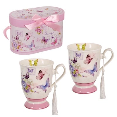 Луксозен комплект чаши за чай в кутия &quot;Пеперуди&quot; /керамика/