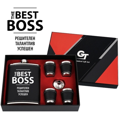 Комплект манерка с аксесоари "THE BEST BOSS" /кожа и метал/