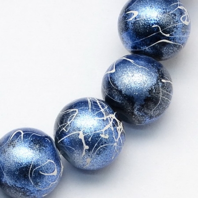 Наниз мъниста стъкло топче 8 мм дупка 1 мм рисувано със спрей синьо ~80 см ~106 броя