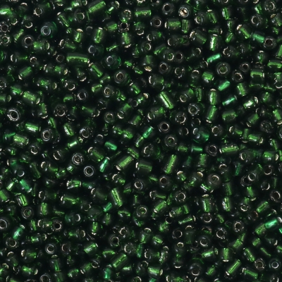 Мъниста стъклена 4 мм сребърна нишка зелена тъмна -50 грама