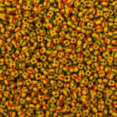 Мъниста стъклена 3 мм дупка 0.9~1.2 мм плътна трицветна жълта с червено и зелено -15 грама ~460 броя