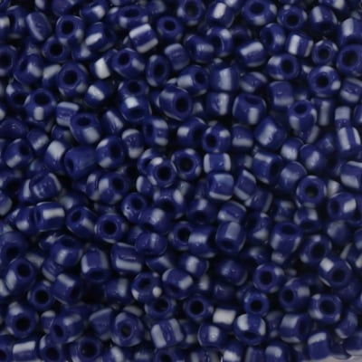 Мъниста стъклена 4.8~6 мм дупка 2~3 мм плътна двуцветна тип буре синя с бяло -15 грама ~96 броя