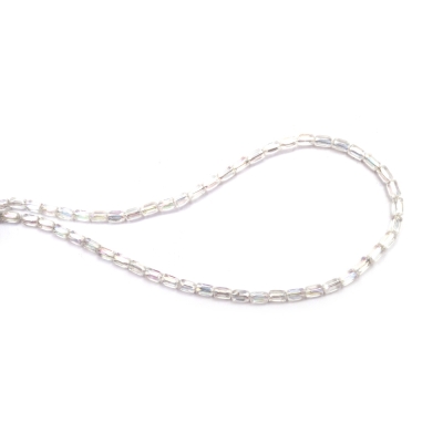 Наниз от кристални мъниста цилиндър 4x6 мм дупка 1 мм фасетиран прозрачен с AB покритие цвят бял дъга ~80 броя