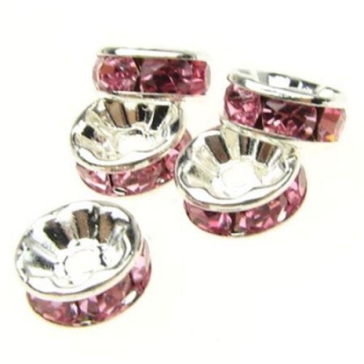 Шайба метал с розови кристали 8x3.5 мм дупка 1.5 мм (качество А) цвят бял -10 броя