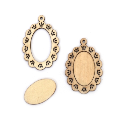 Дървена основа за медальон елипса 2 части 26x41.5x2.5 мм рамка 45x67x2.5 мм дупка 3 мм цвят дърво -5 броя