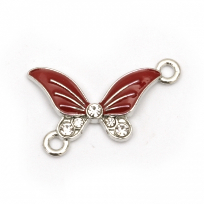 Свързващ елемент метал с кристали пеперуда червена 25x19x3 мм дупка 2 мм цвят сребро -5 броя