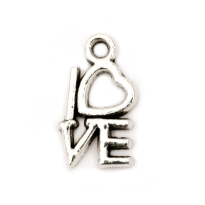 Висулка метална LOVE 14x8x1.5 мм дупка 2 мм цвят сребро -10 броя