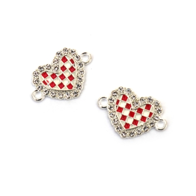 Свързващ елемент метал с кристали сърце 21x15x2 мм дупка 2 мм цвят сребро -2 броя