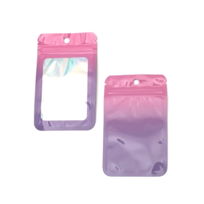 Целофанов плик 8/13 см с цип (канал) и прозорец със сребрист гръб дъга щендер цвят розов и лилав -100 броя