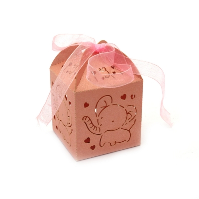 Кутия картонена сгъваема със слонче 5x5x7.5см цвят розов и пандела