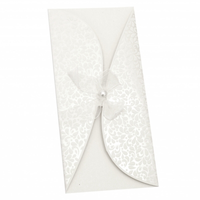 Картичка извита панделка с перла 220x105 мм цвят бял с плик