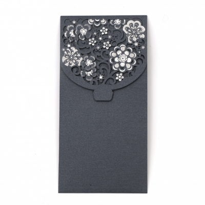 Луксозен плик за парични подаръци и ваучери 175x85 мм цвят индиго перлен с дантела цветя