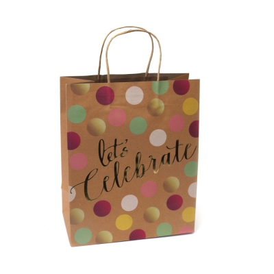 Подаръчна торбичка от крафт картон 26x32x13.5 см с цветен принт и надпис Let’s Celebrate