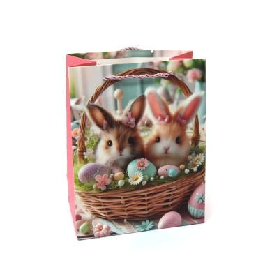 Подаръчна торбичка от картон 18x23x10 см Зайчета във великденска кошница