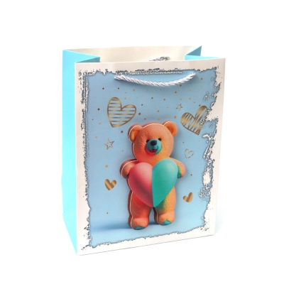 Подаръчна торбичка от картон 18x23x10 см 3D Мече със сърце – син фон