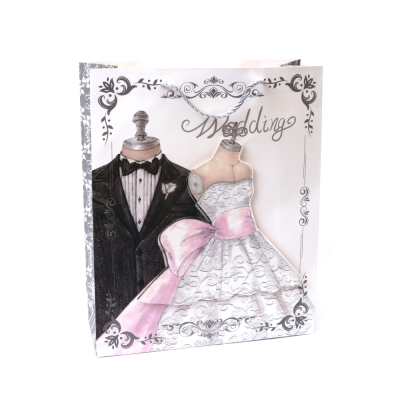 Подаръчна торбичка от картон 26x32x10 см 3D Булка и младоженец