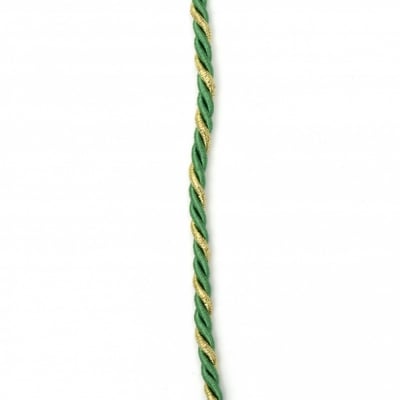 Шнур полиестер 3 мм пресукан с ламе цвят зелено и златно -5 метра