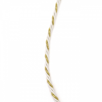 Шнур полиестер 3 мм пресукан с ламе цвят бяло и златно -5 метра