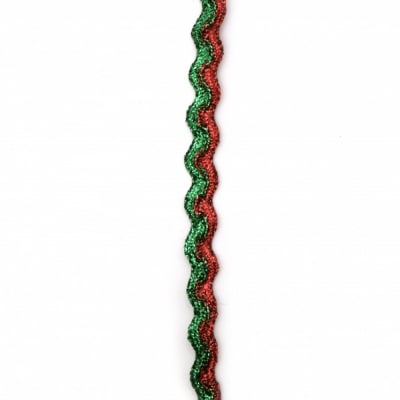Ламе 6 мм плоско зиг-заг двуцветен цвят зелено и червено -5 метра