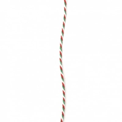 Шнур памук 2.2 мм пресусано бяло,червено и зелено 3x4 ката~20 метра
