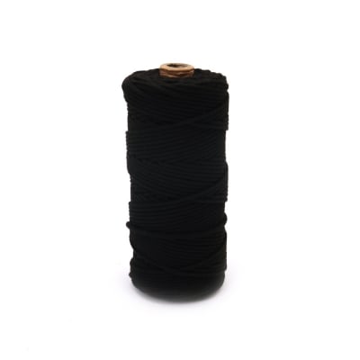Шнур памук 3 мм цвят черен -100 метра