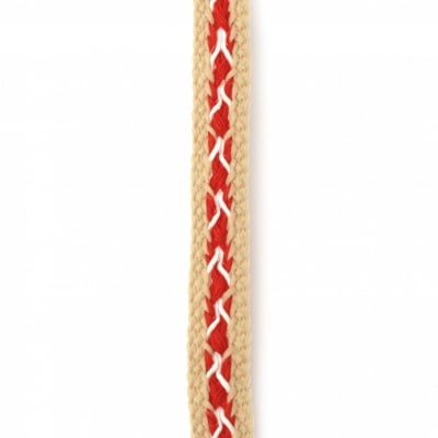 Ширит 12 мм памук бежов с червено и бяло -1 метър