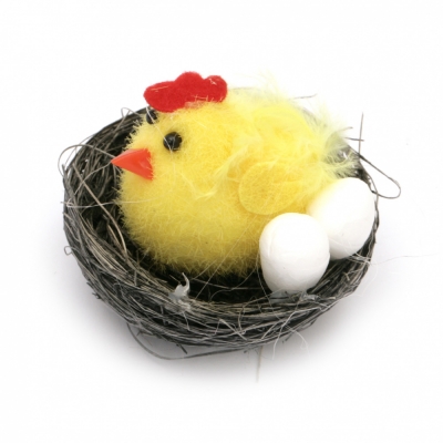 Пиле с пиленце и яйца в гнездо за декорация 35x50 мм -6 броя