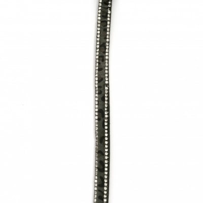 Лента велур 8.5x3 мм с два реда кристали леопардов десен черна -1 метър