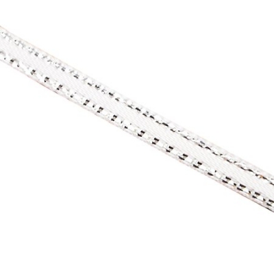Лента Сатен 3 мм бяла с ламе сребро -5 метра