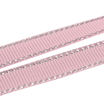 Лента Сатен 9 мм розова рипс с ламе сребро -5 метра