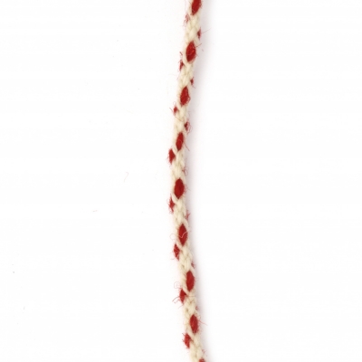 Шнур объл 4 мм 100 процента вълна цвят бял, червен -3 метра