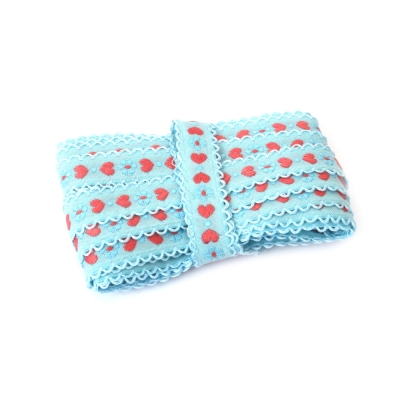 Ширит 12 мм светлосин, с коралови сърца, светлосини цветя и точки и светлосин кант -5 метра