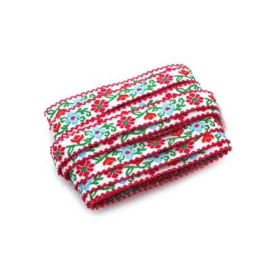 Ширит 13 мм, бял, с розови, червени и сини цветя, зелени клонки с листа и розов кант -5 метра