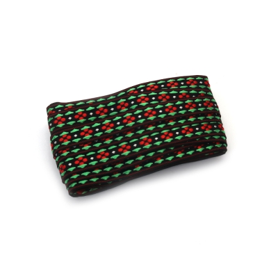 Ширит 10 мм, черен, с бели точки, червени цветя и зелени триъгълници -5 метра