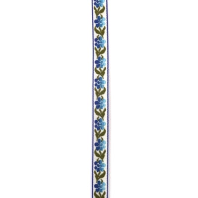 Ширит 10 мм бял със синьо цвете и зелено - 5 метра