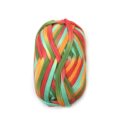 Прежда трикотажна лента 100 % полиестер цвят меланж жълт, зелен, мента, червен -100 грама 