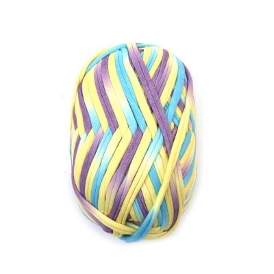 Прежда трикотажна лента 100 % полиестер цвят меланж син, лилав, жълт -100 грама 