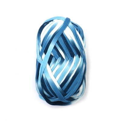 Прежда трикотажна лента 100 % полиестер цвят меланж бял, син -100 грама 