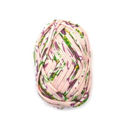 Прежда трикотажна лента 100 % полиестер цвят светло розов с щампа цветя -100 грама 