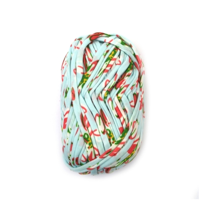 Прежда трикотажна лента 100 % полиестер цвят светло син с щампа цветя -100 грама 