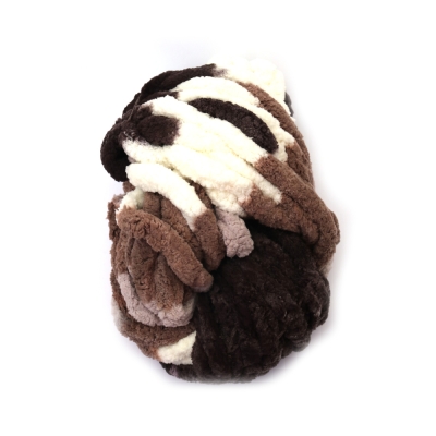 Прежда шенилна 100 % полиестер 20 мм дебелина цвят меланж шампанско, кафяво, сиво ~240 грама  -25 метра