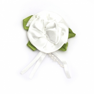 Роза сатен 50 мм с листо цвят бял -5 броя